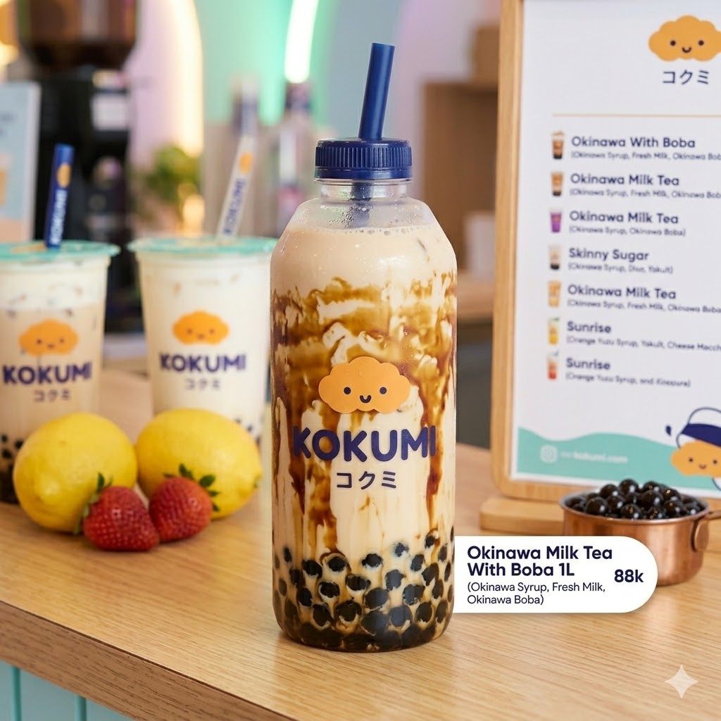 Okinawa Milk Tea With Boba 1L – Milk tea dengan boba ukuran 1 liter